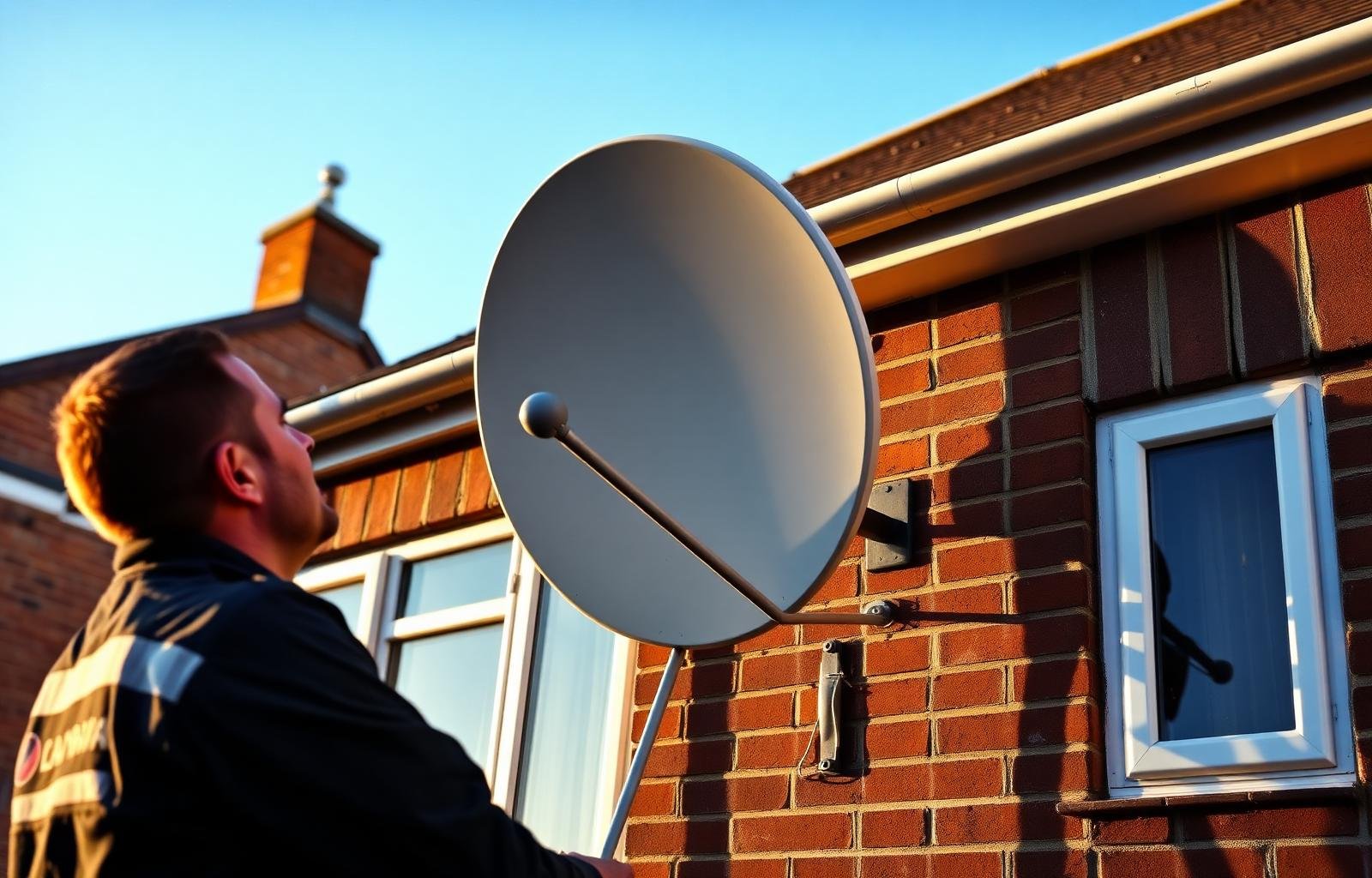 Engineer aligning a satellite dish on the side of a brick house in Kent