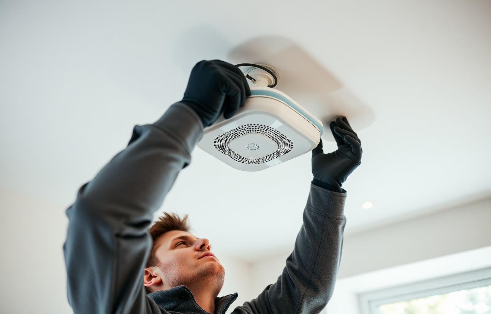 Engineer installing a ceiling-mounted WiFi access point in a Kent home